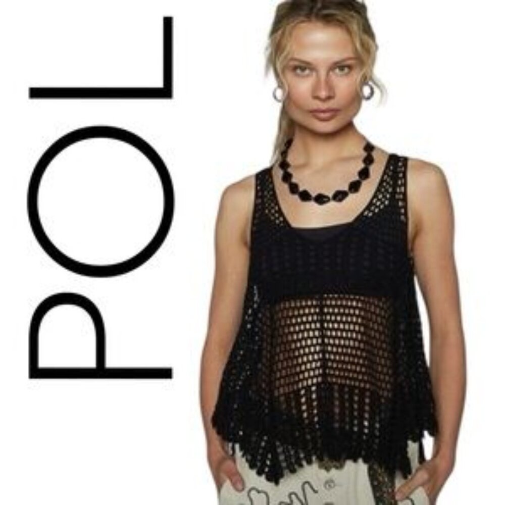 New POL Black Crochet 100% Cotton A-line V Neck Tank Top One Size